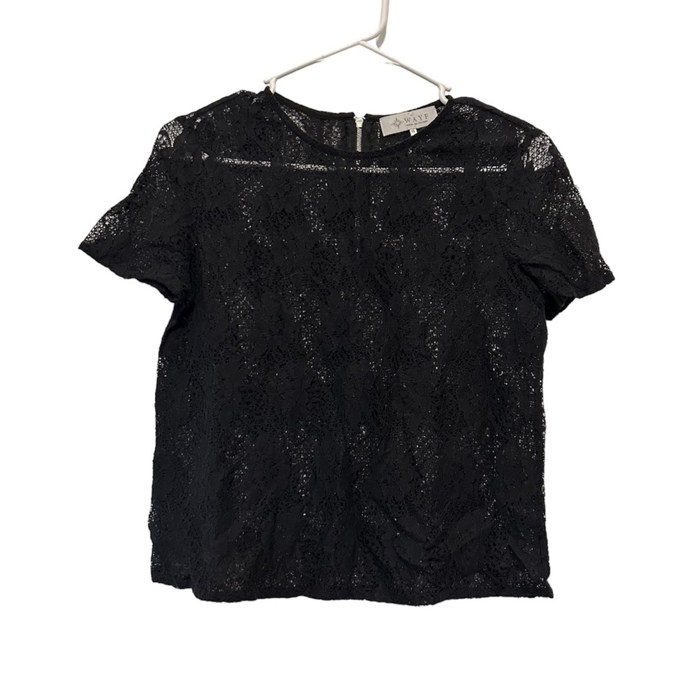 WAYF Black See Through Lace Short Sleeve Crew Neck Top Blouse Back Zip